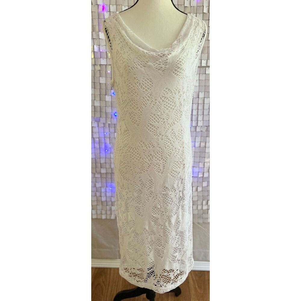 NWT Joseph Ribkoff white lace shift dress with draped neck. Size 10.